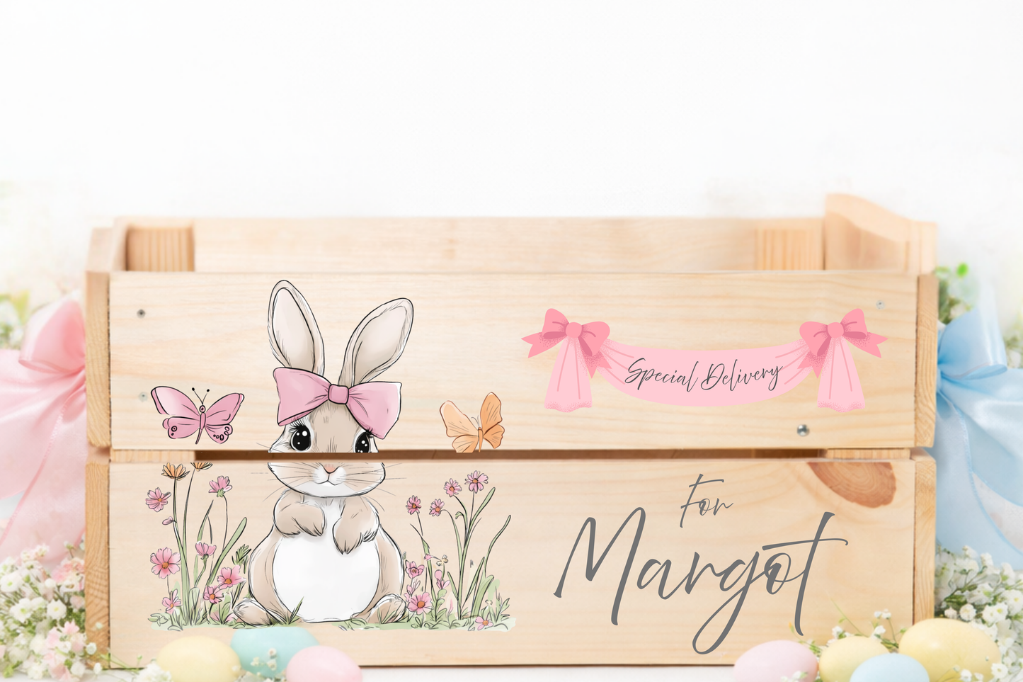 EASTER BUNNY PINK BOW UV-DTF DECAL - SIZED FOR IKEA CRATE