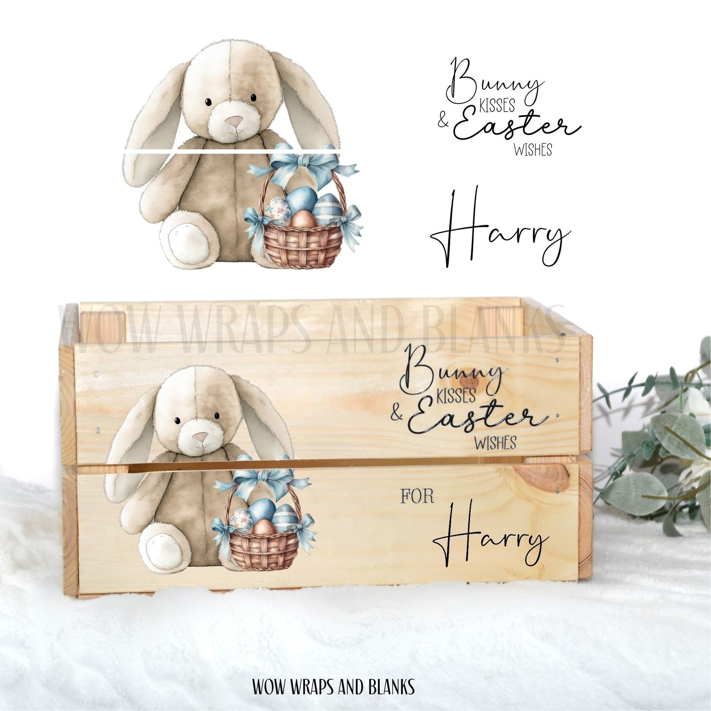 BLUE BUNNY EASTER UV - DTF DECAL - SIZED FOR IKEA CRATE - Wow Craft Blanks & Wraps
