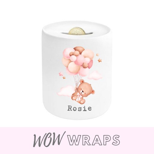PINK Teddy & NAME- MONEY BOX UV-DTF DECAL - Wow Wraps