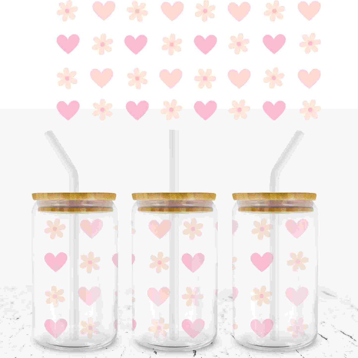 VALENTINES HEARTS AND DAISYS 16oz LIBBEY GLASS CAN UV - DTF WRAP - Wow Craft Blanks & Wraps