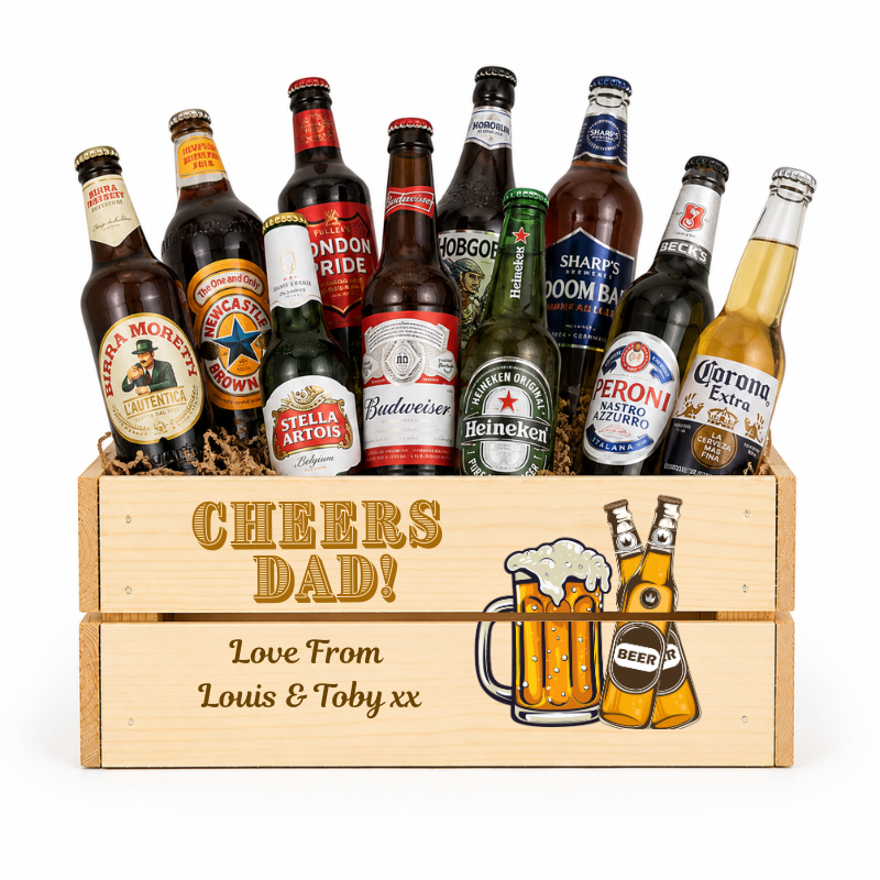 Assorted beer bottles in a wooden crate with 'Cheers Dad!' text on a white background