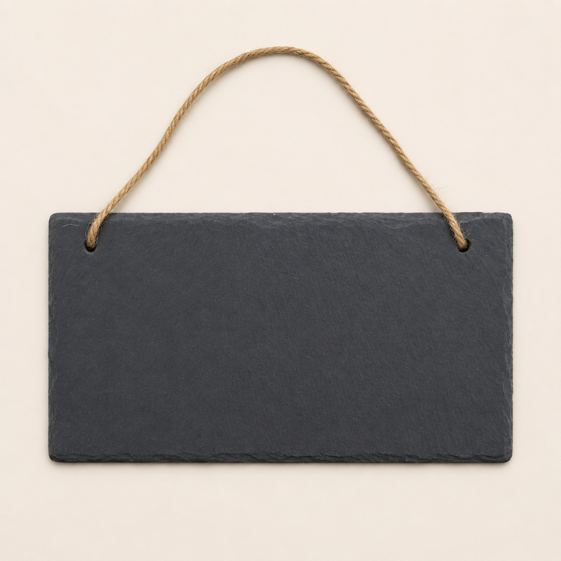 Rectangular slate sign with a rope hanging on a beige background