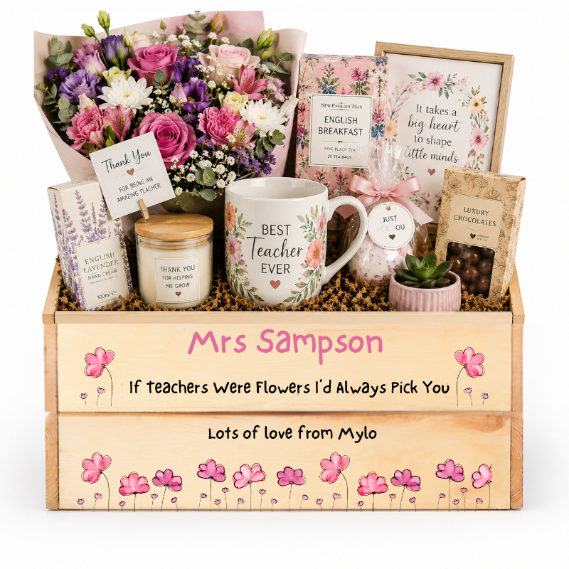 Gift basket for a teacher with flowers, mug, and personalized wooden box.