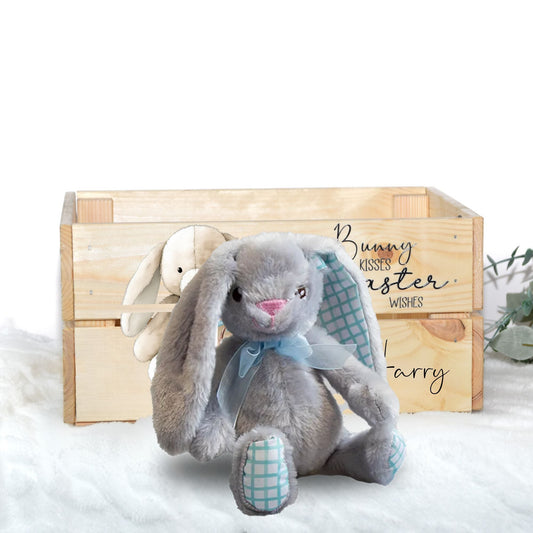 BLUE & GREY GINGHAM PLUSH BUNNY - 21CM - Wow Craft Blanks & Wraps