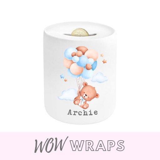 BLUE Teddy & NAME- MONEY BOX UV-DTF DECAL - Wow Wraps