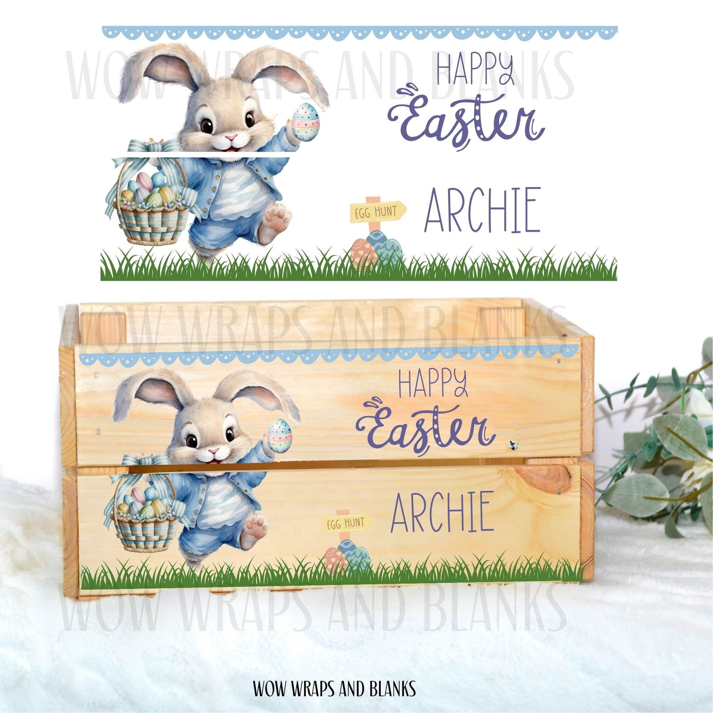 EASTER BLUE BUNNY UV - DTF DECAL - SIZED FOR IKEA CRATE - Wow Craft Blanks & Wraps