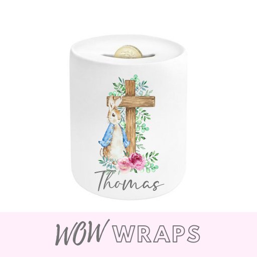 PETER RABBIT CROSS & NAME- MONEY BOX UV-DTF DECAL - Wow Wraps