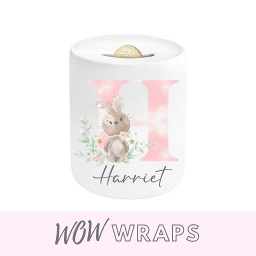 PINK HOPPY BUNNY INITIAL & NAME- MONEY BOX UV-DTF DECAL - Wow Wraps