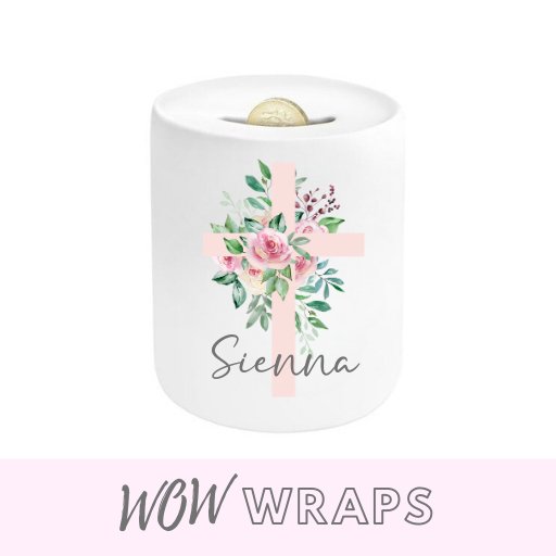 PINK ROSE CROSS & NAME- MONEY BOX UV-DTF DECAL - Wow Wraps