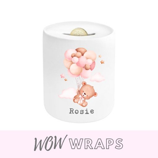 PINK Teddy & NAME- MONEY BOX UV-DTF DECAL - Wow Wraps