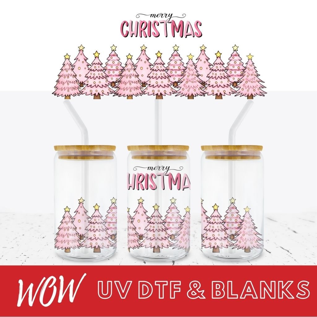 PRETTY PINK CHRISTMAS 16oz LIBBEY GLASS UV - DTF WRAP - Wow Wraps