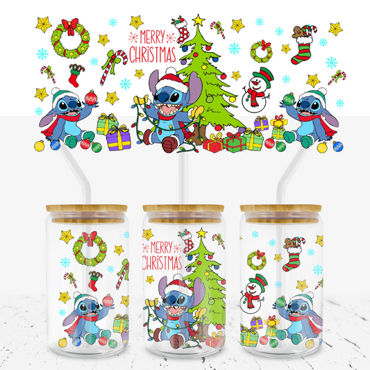 stitch christmas PNG, stitch Glass Cup Wrap , Libbey Can Glass Cup