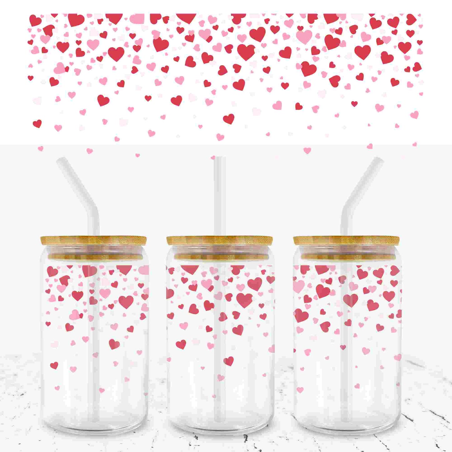 VALENTINES FALLING HEARTS 16oz LIBBEY GLASS CAN UV - DTF WRAP - Wow Craft Blanks & Wraps