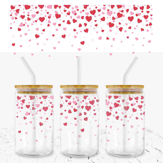 VALENTINES FALLING HEARTS 16oz LIBBEY GLASS CAN UV - DTF WRAP - Wow Craft Blanks & Wraps