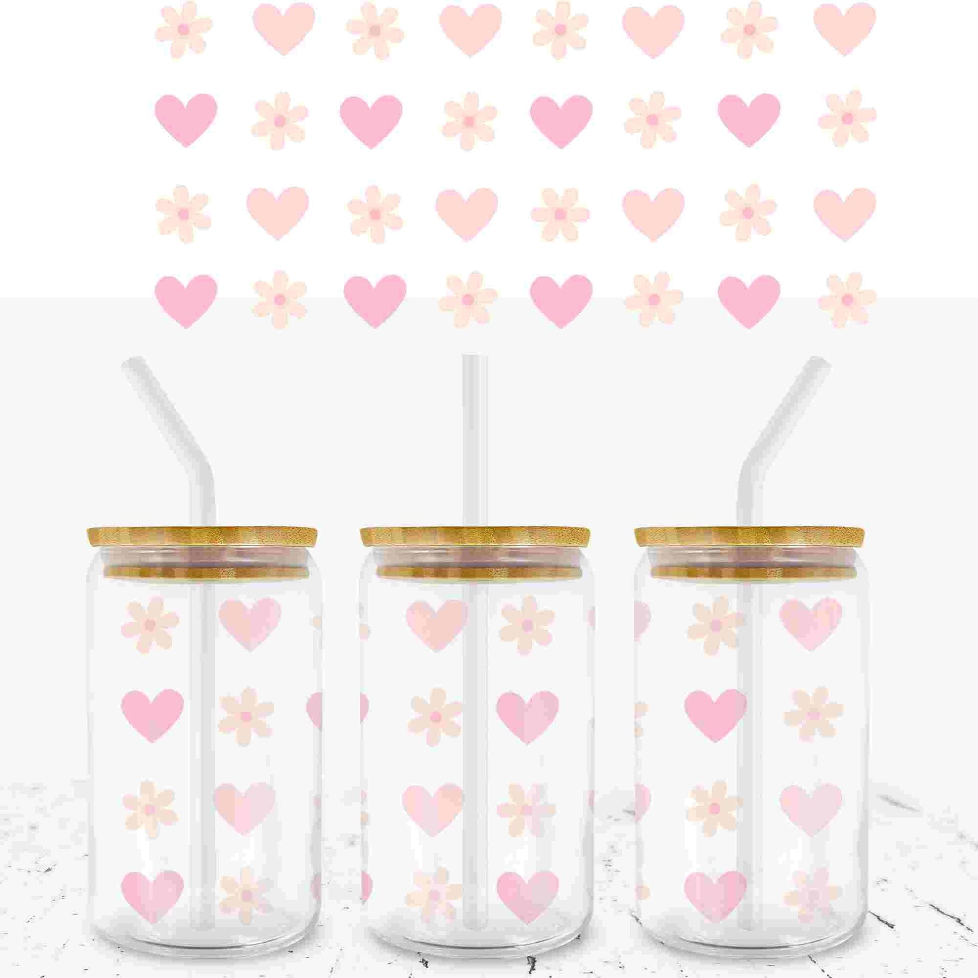 VALENTINES HEARTS AND DAISYS 16oz LIBBEY GLASS CAN UV - DTF WRAP - Wow Craft Blanks & Wraps