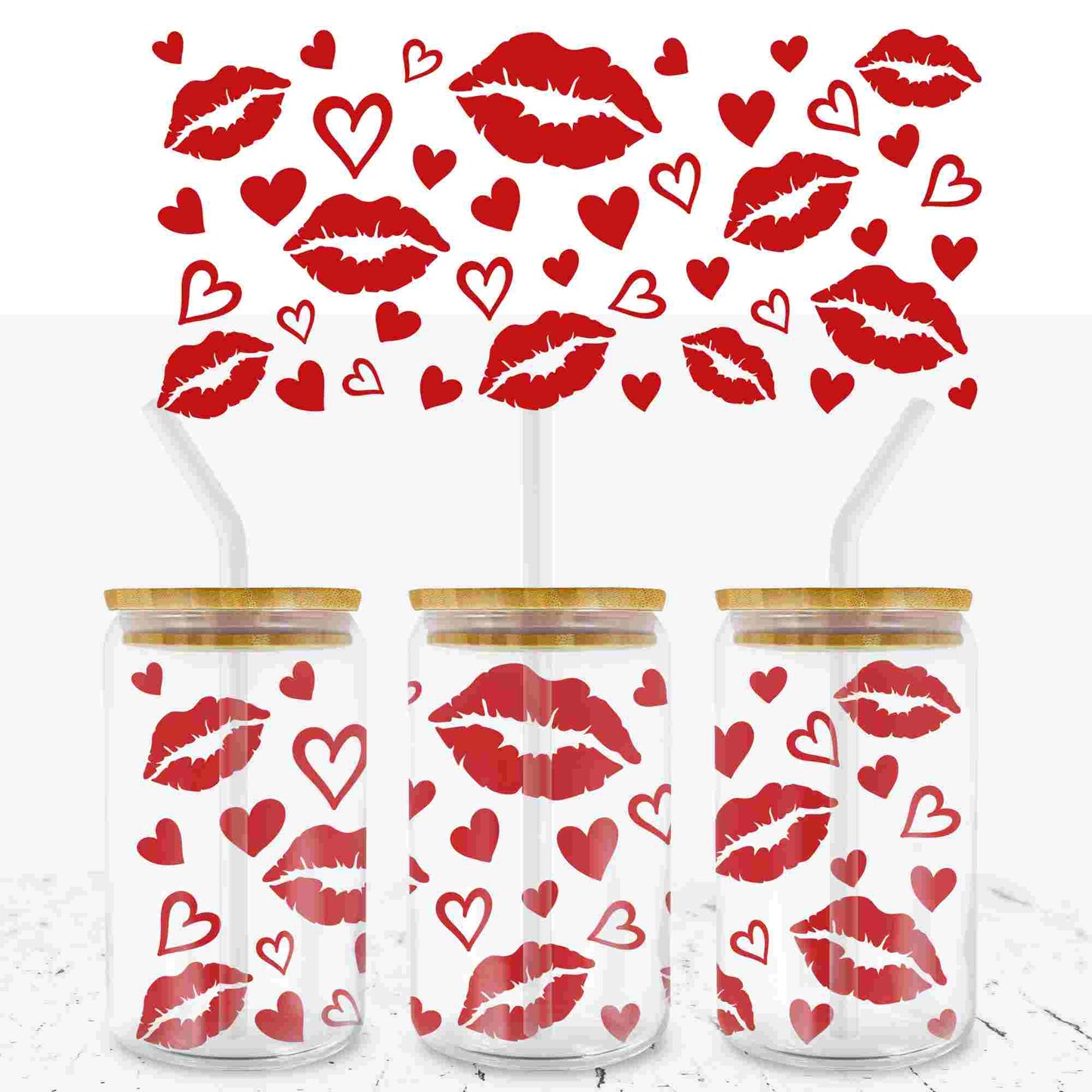 VALENTINES KISSES 16oz LIBBEY GLASS CAN UV - DTF WRAP - Wow Craft Blanks & Wraps