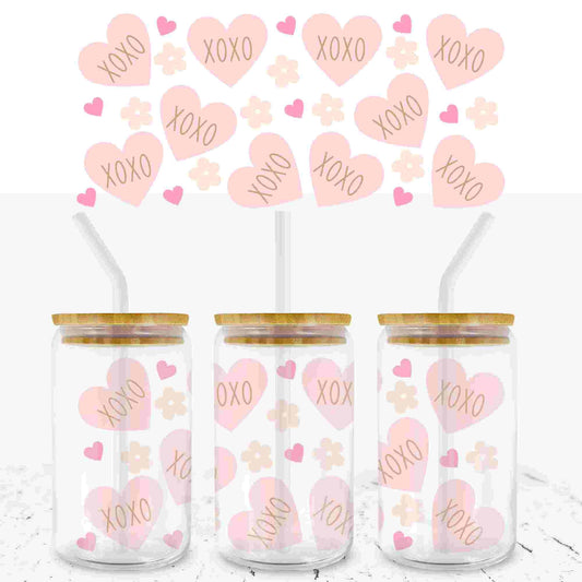 VALENTINES XOXO HEARTS 16oz LIBBEY GLASS CAN UV - DTF WRAP - Wow Craft Blanks & Wraps