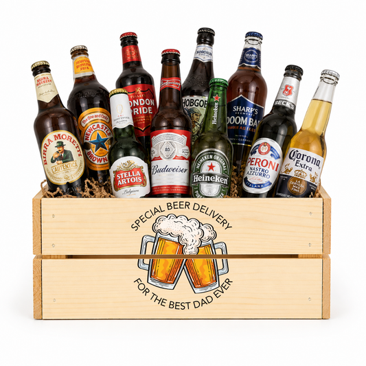 wooden crate filled with beer bottles and printed with a uv dtf decal of special beer delivery for the best dad ever