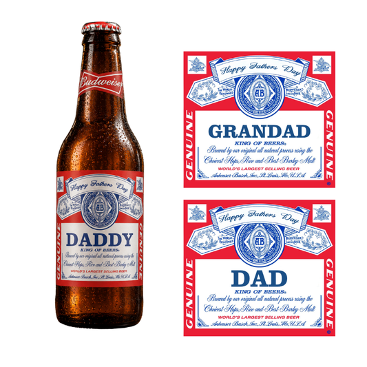 Budweiser bottle with 'Happy Father's Day' labels on a white background