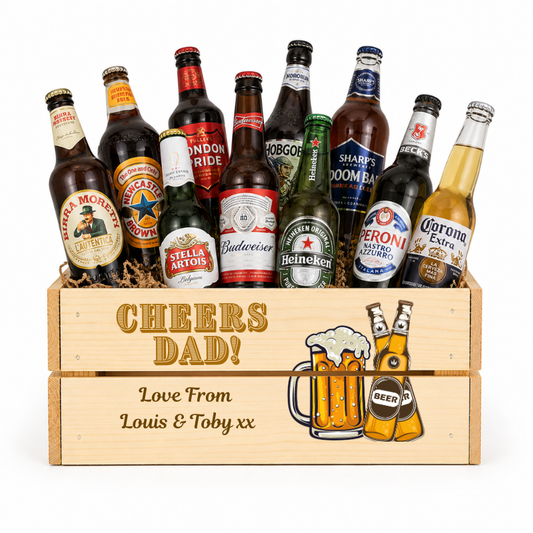 Assorted beer bottles in a wooden crate with 'Cheers Dad!' text on a white background