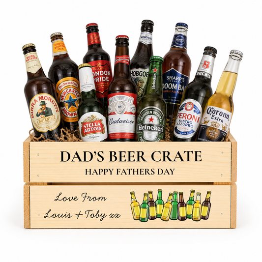 Collection of beer bottles in a wooden crate labeled 'Dad's Beer Crate' for Father's Day.
