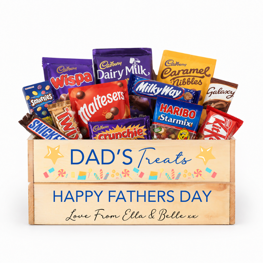 Box of assorted candy bars with a 'Dad's Treats' and 'Happy Fathers Day' message on a white background.