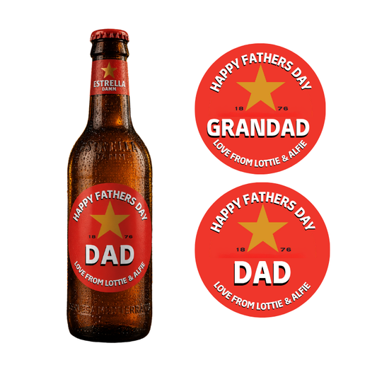 Beer bottle with personalized 'Happy Fathers Day' labels on a white background