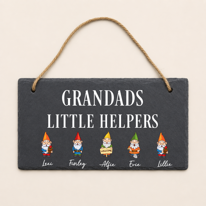 hanging slate printed with grandads little helpers and featuring little gnome grandchildren