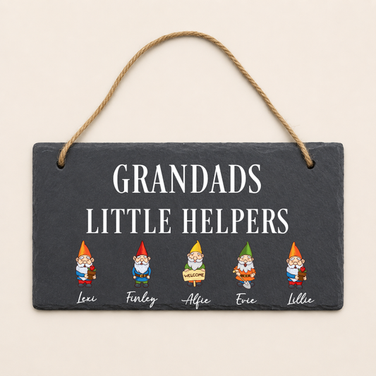 hanging slate printed with grandads little helpers and featuring little gnome grandchildren