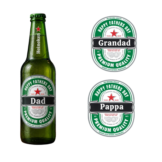 Green beer bottle with 'Happy Fathers Day' labels for Dad, Grandad, and Pappa on a white background.