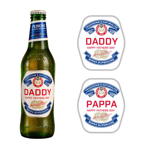 Green beer bottle with 'Daddy' and 'Pappa' labels on a white background