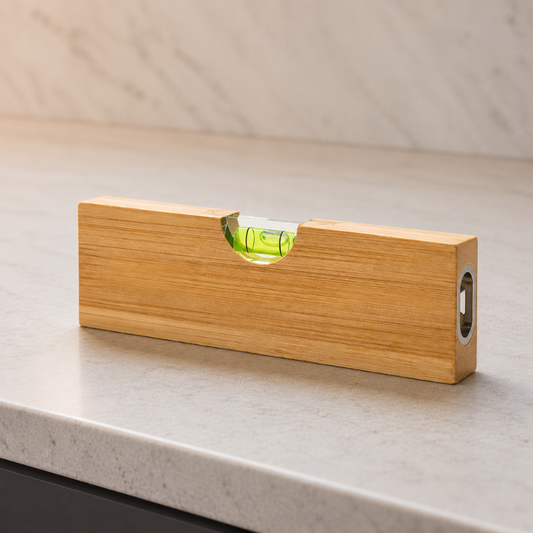 Wooden level with a green bubble on a light gray surface