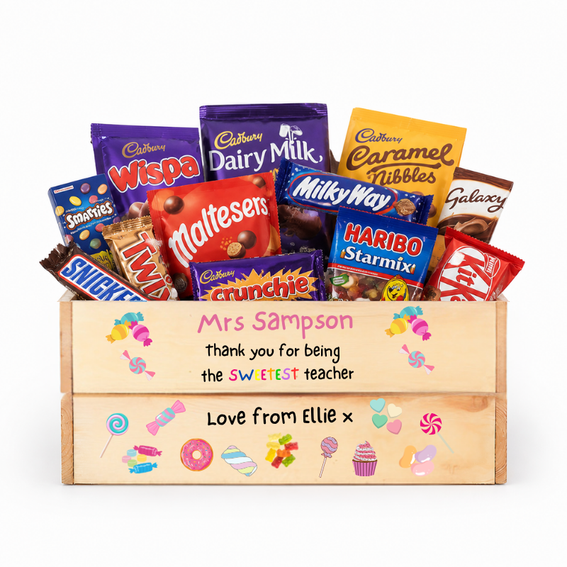 Box of assorted candy bars with a personalized message on a white background