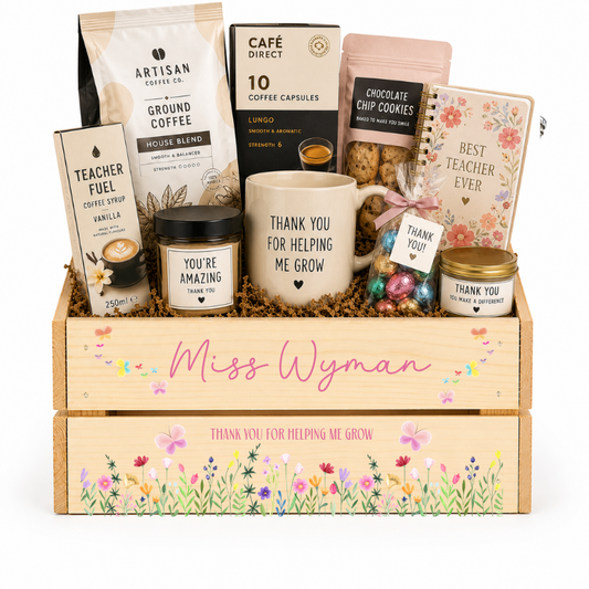 wooden crate filled with treats and printed with Thank you for helping me grow for teacher
