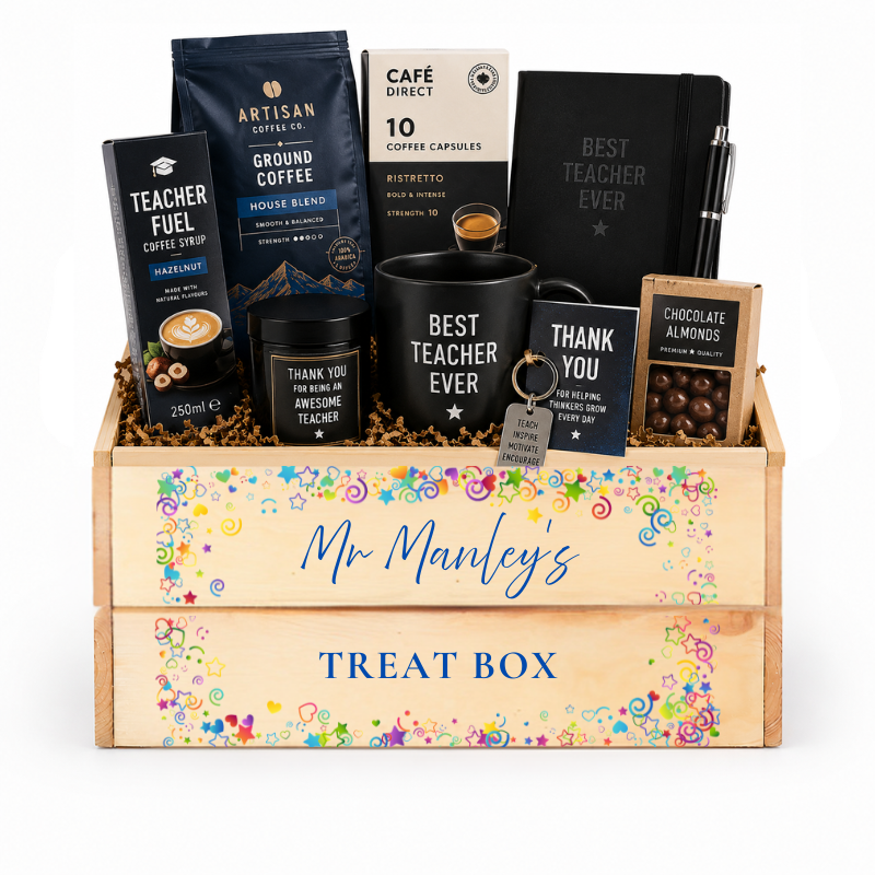 wooden crate filled with teacher treats and printed with colourful uvdtf print