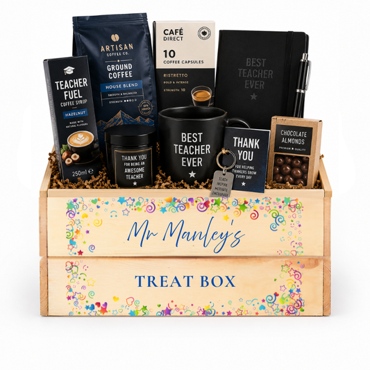wooden crate filled with teacher treats and printed with colourful uvdtf print
